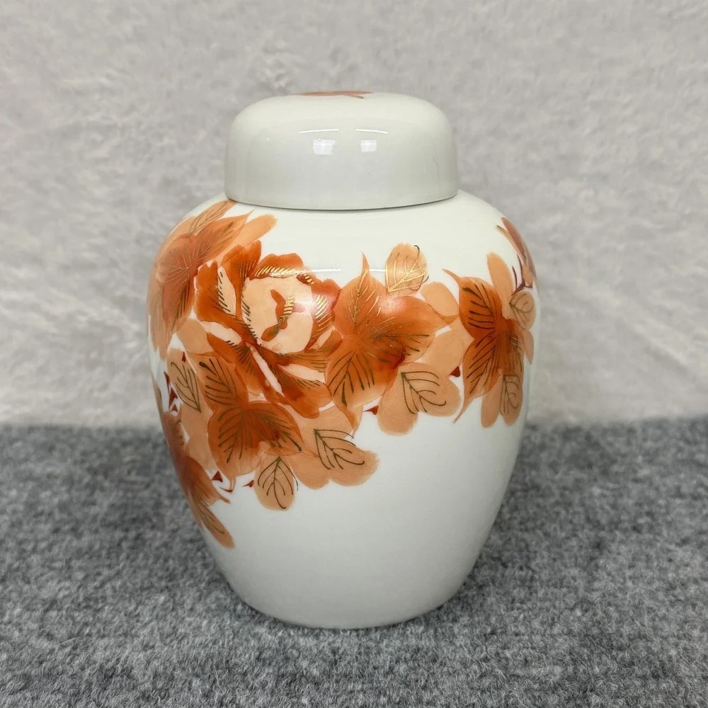 Vintage Asian Ginger Jar Copper Gold Floral Porcelain Lidded Vase Urn 6 In